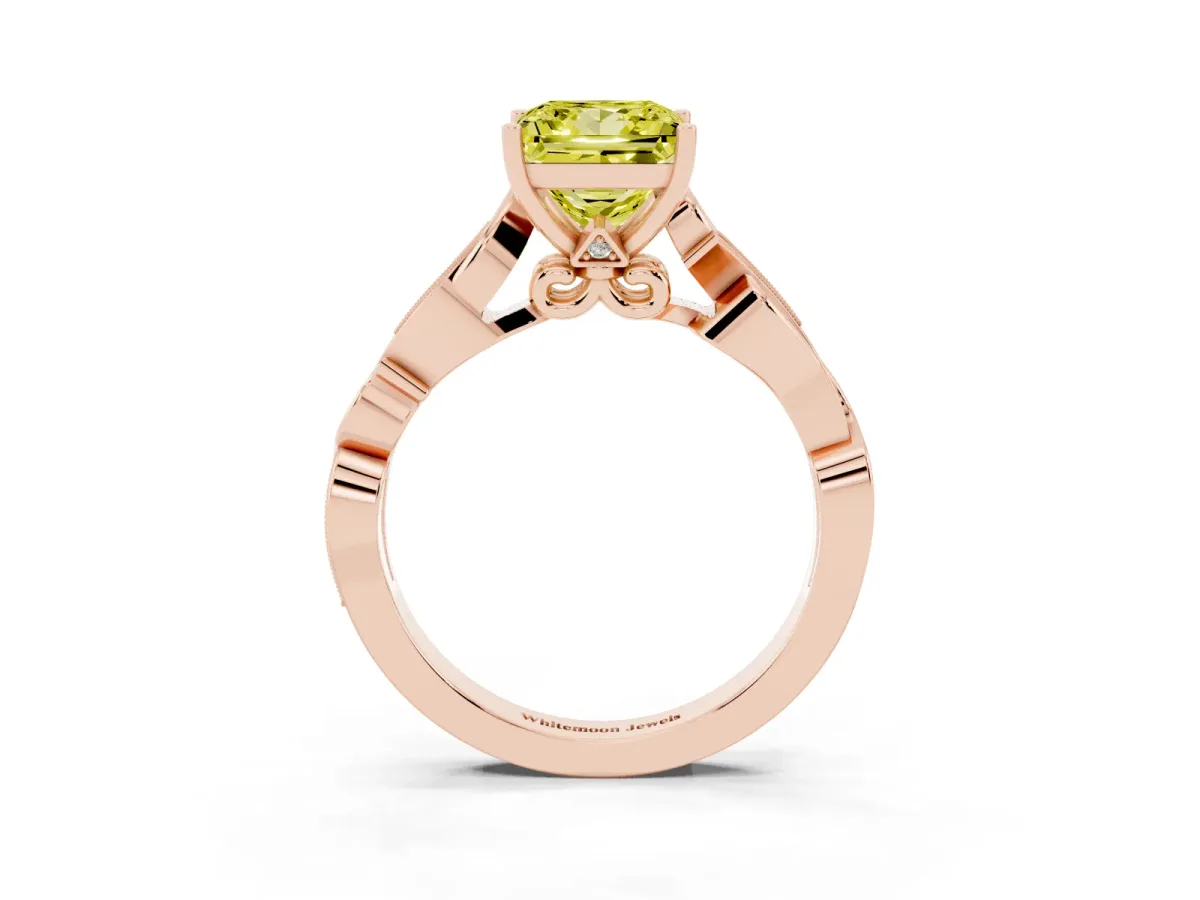 Fancy Yellow Princess Cut Solitaire Vine Band with Milgrain Prong Setting Rose gold