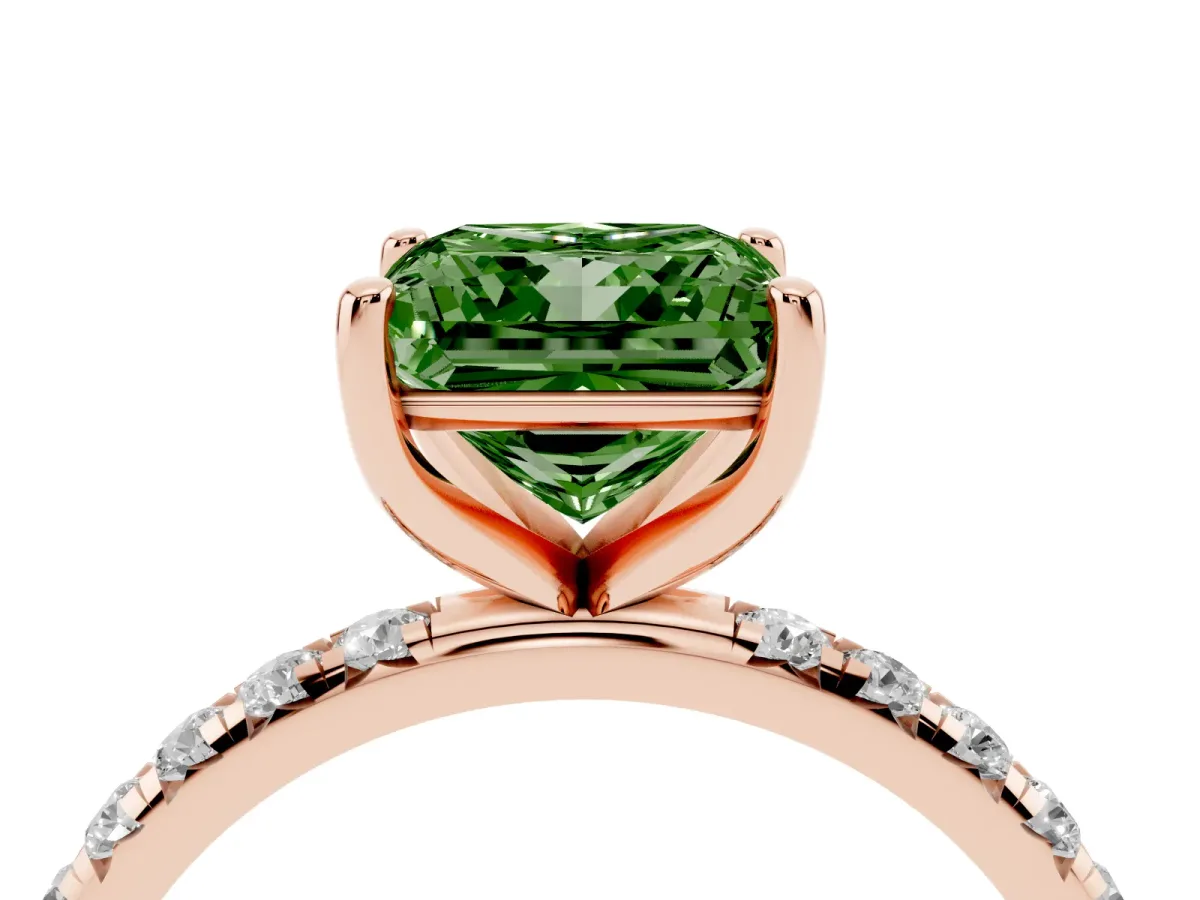 Fancy Green Princess Cut Cut Diamond Solitaire Ring with Micro Pave Band and Four Prong Setting Rose gold
