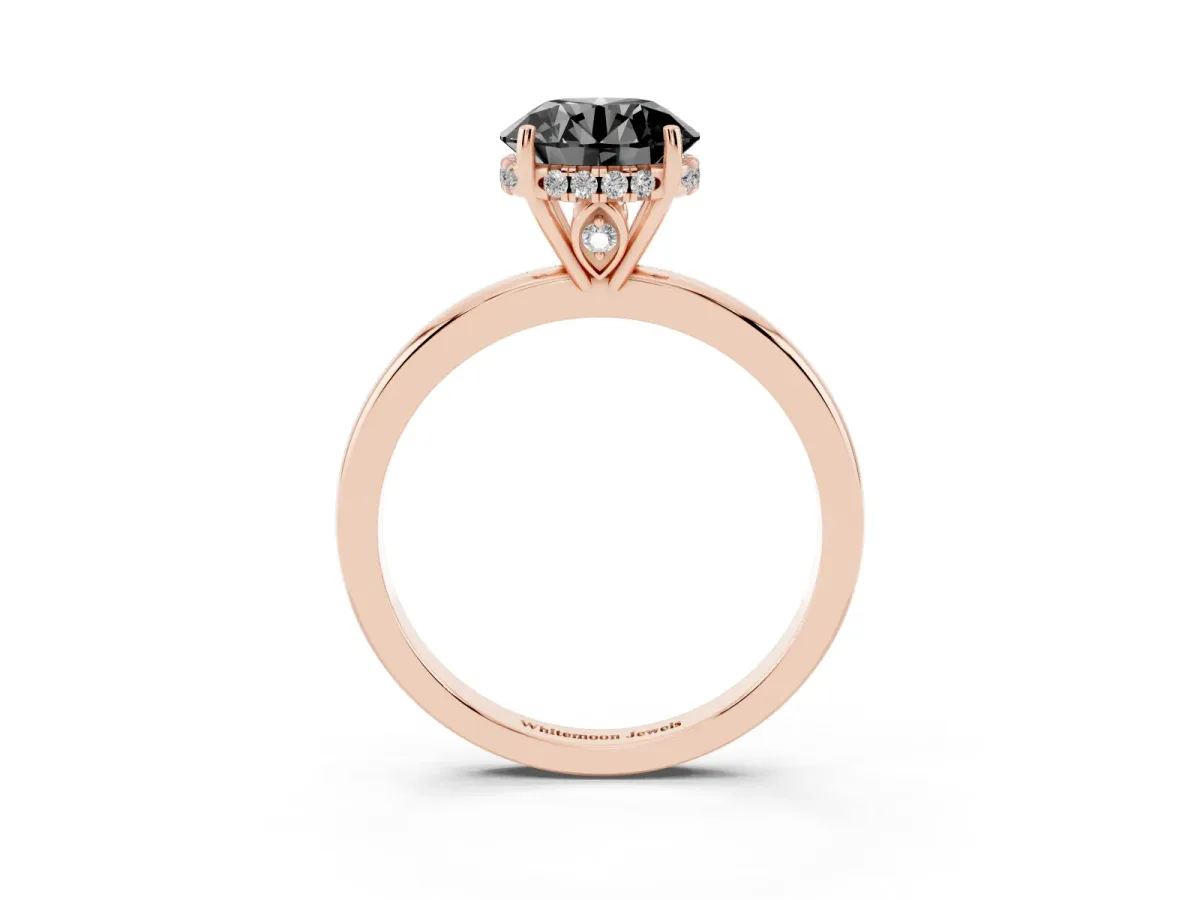 Fancy Black Round Cut Solitaire Diamond Ring with Prong Setting and Plain Band Rose gold