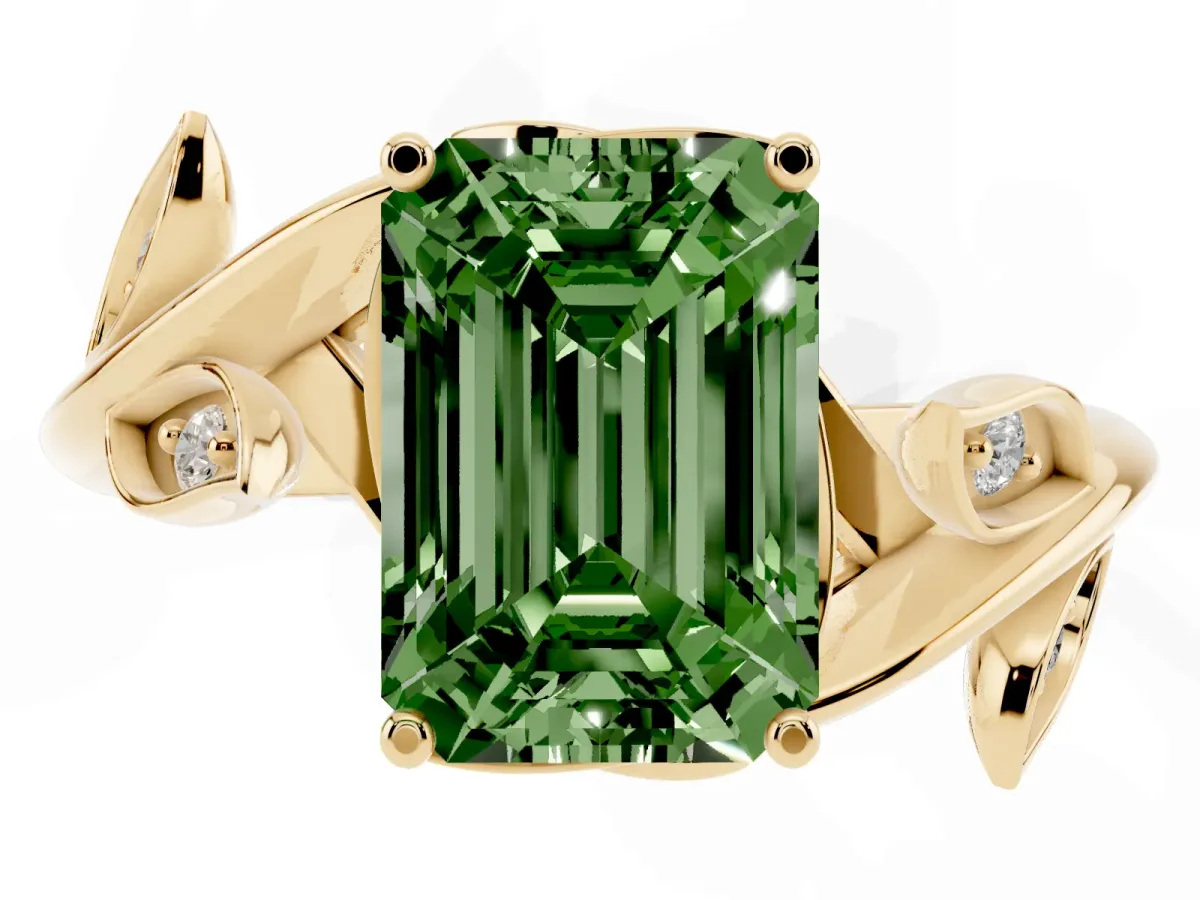 Fancy Green Emerald Cut Solitaire Twist Engagement Ring with Leaf Accents and Prong Setting Yellow gold