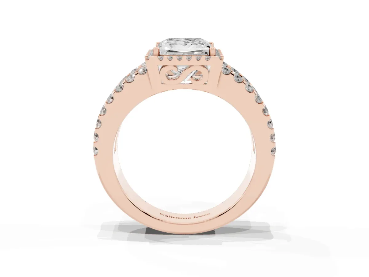 Princess Cut Cut Halo Split Shank Diamond Ring with Four-Prong Setting Rose gold