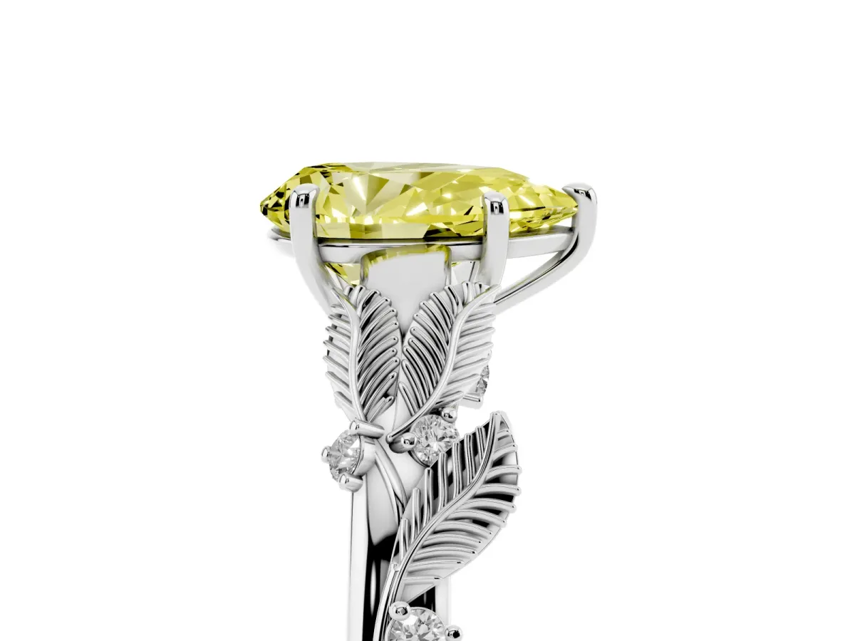 Fancy Yellow Pear Cut Diamond Solitaire Ring with Leaf Motif Band and Four-Prong Setting Silver