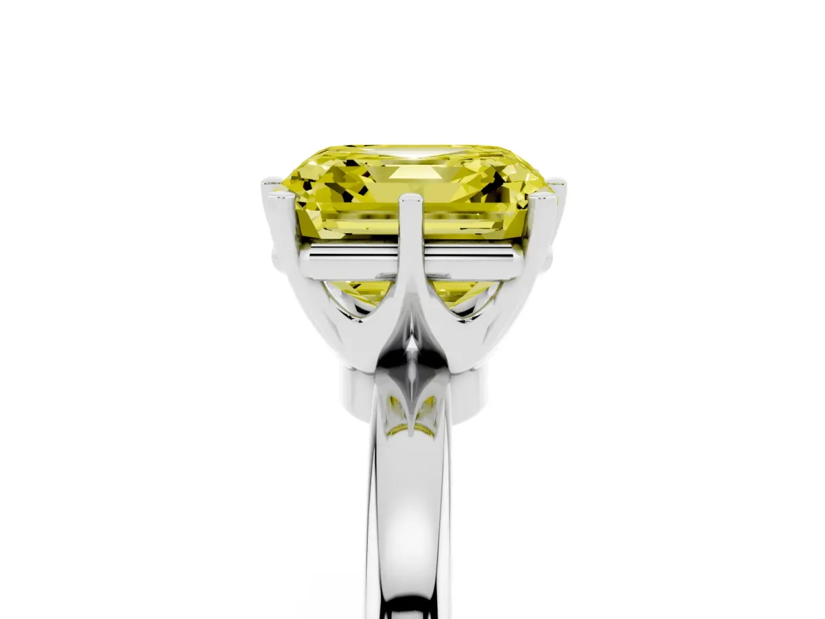 Fancy Yellow Asscher Cut Solitaire Diamond Ring with Six-Prong Setting on a Classic Band Silver