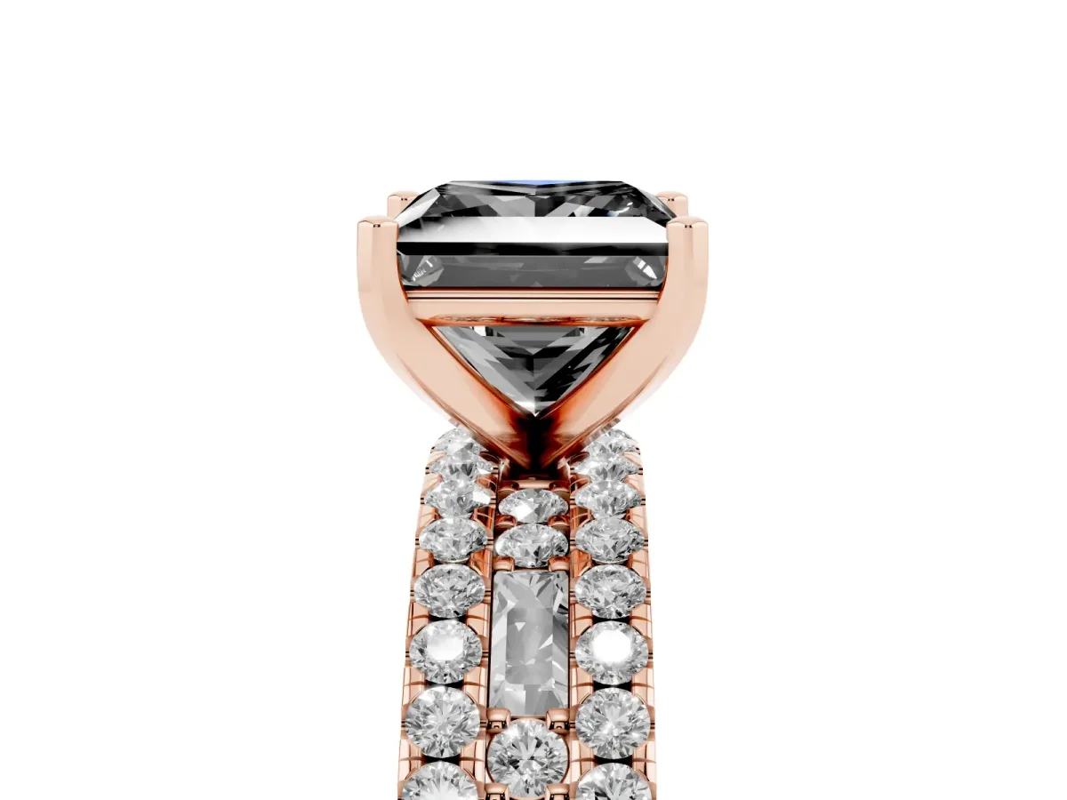 Fancy Black Princess Cut Diamond Solitaire Ring with Pavé and Channel Set Band Rose gold