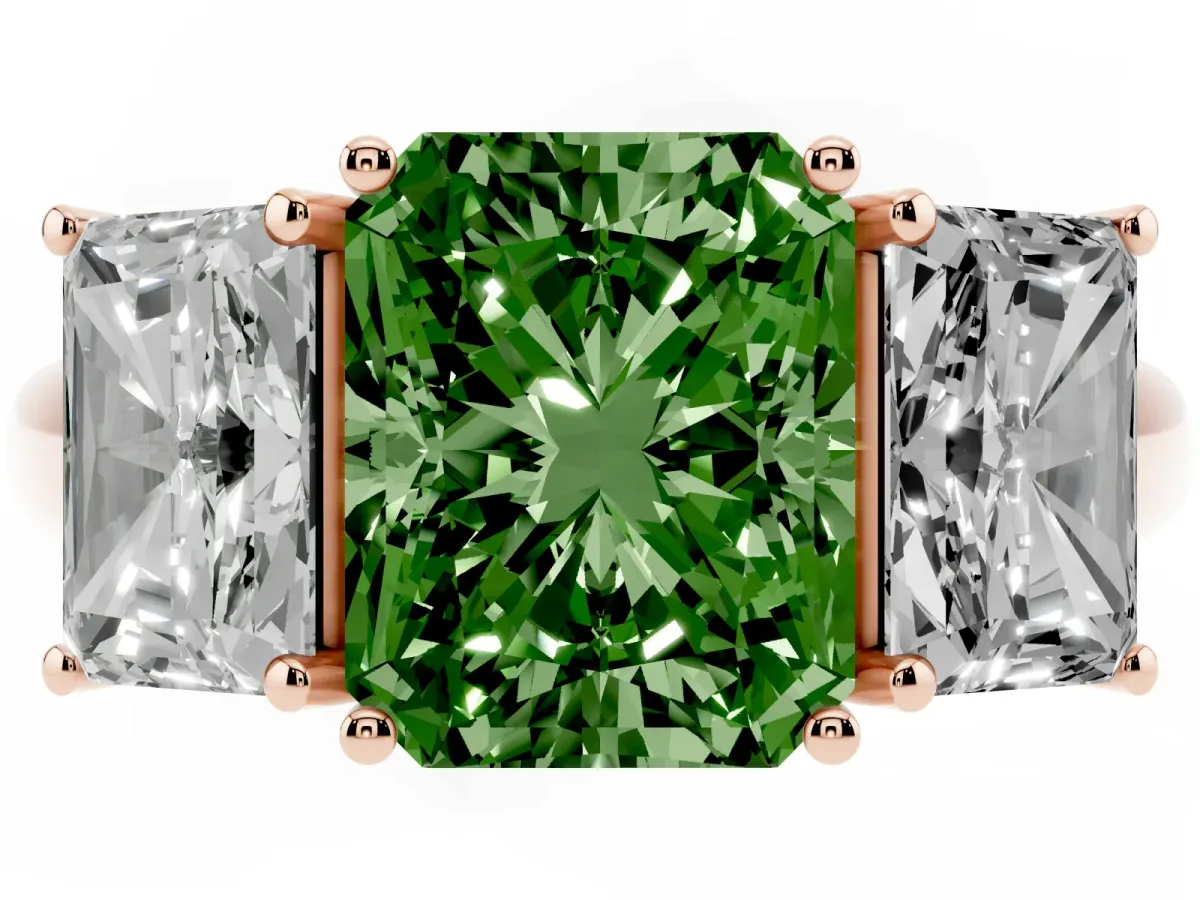 Fancy Green Three-Stone Radiant Cut Diamond Engagement Ring with Prong Setting Rose gold