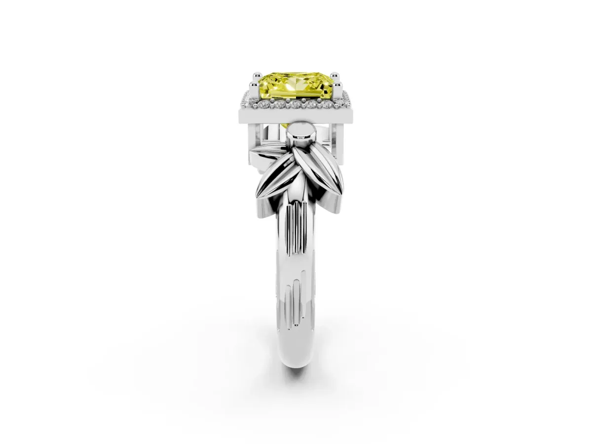 Fancy Yellow Princess Cut Halo Diamond Floral Band with Four-Prong Setting White gold