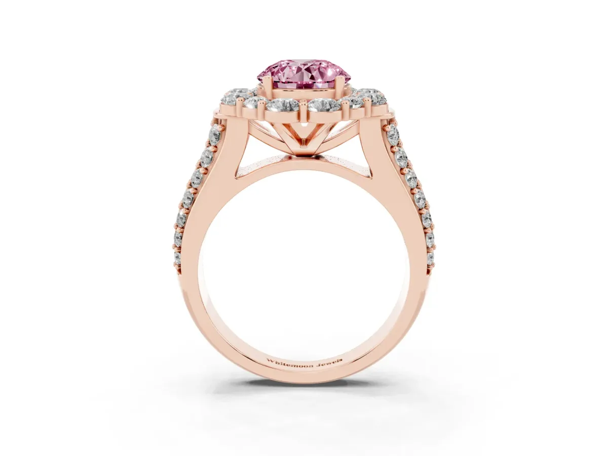 Fancy Pink Round Cut Halo Diamond Engagement Ring with Split Shank and Prong Setting Rose gold