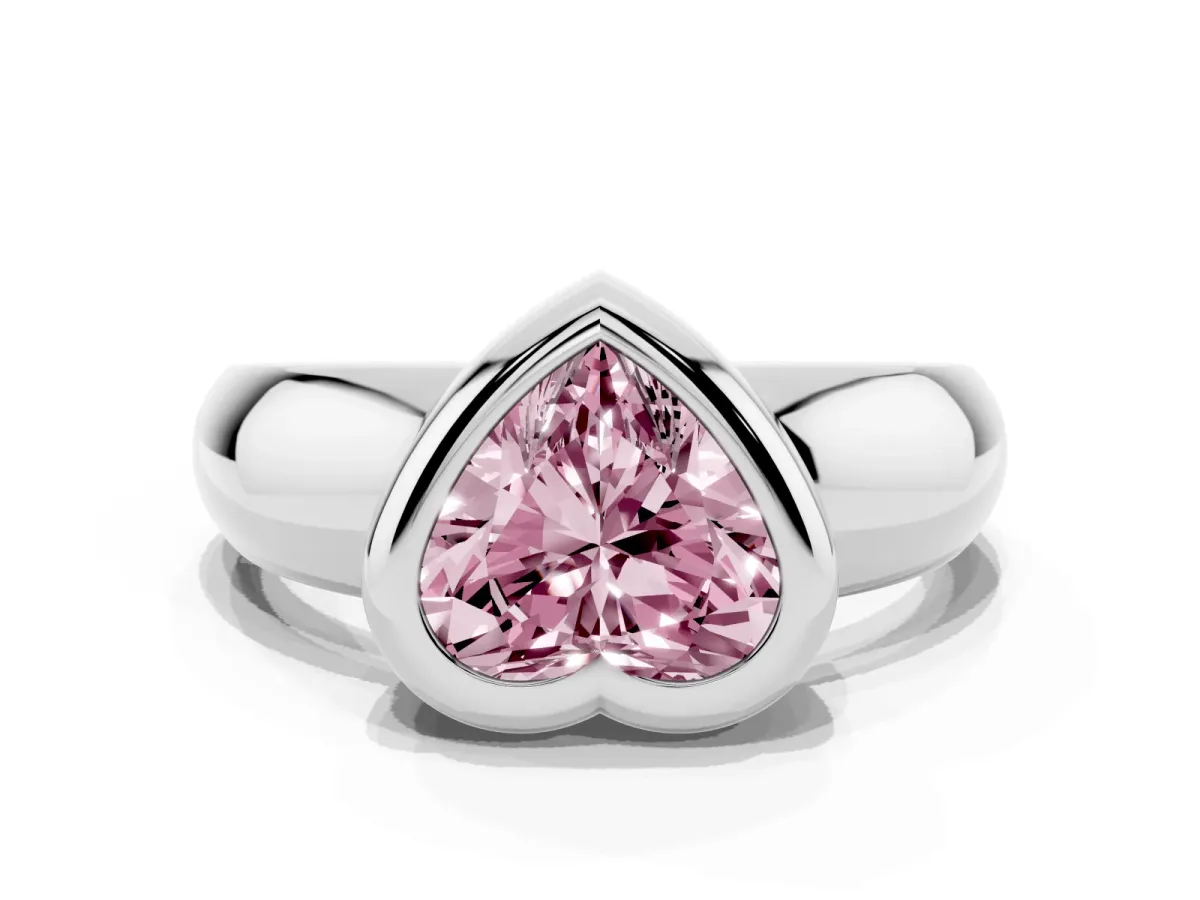 Fancy Pink Bezel Set Heart Cut Solitaire Ring with Wide Band Platinum