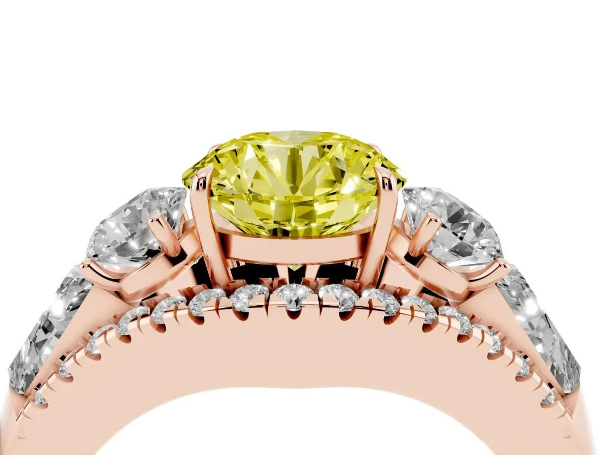 Fancy Yellow Three-Stone Round Cut Diamond Engagement Ring with Pave Band and Prong Setting Rose gold