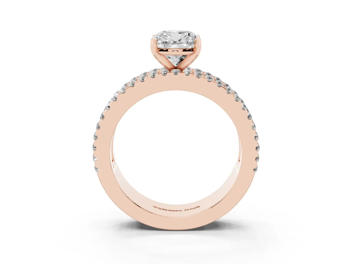Cushion Cut Diamond Solitaire Ring with Pavé and Channel Set Band Rose gold