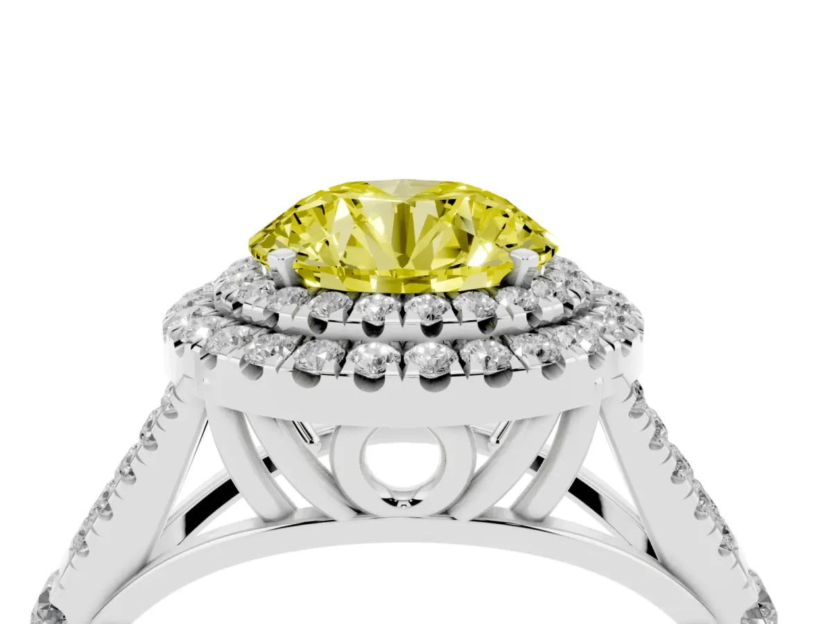 Fancy Yellow Round Cut Cut Double Halo Split Shank Diamond Ring with Prong Setting Silver