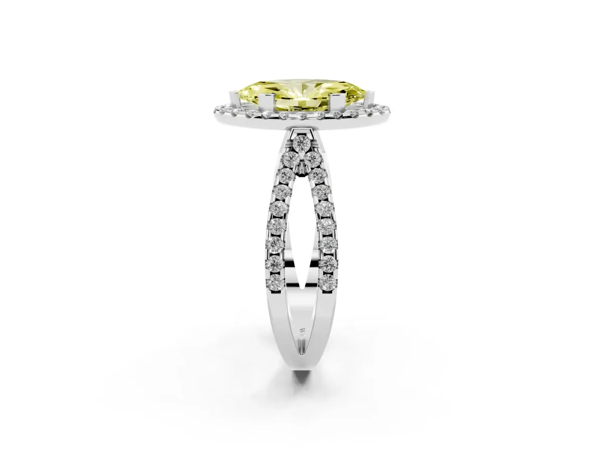 Fancy Yellow Marquise Cut Diamond Halo Ring with Split Shank Pavé Band and Prong Setting White gold