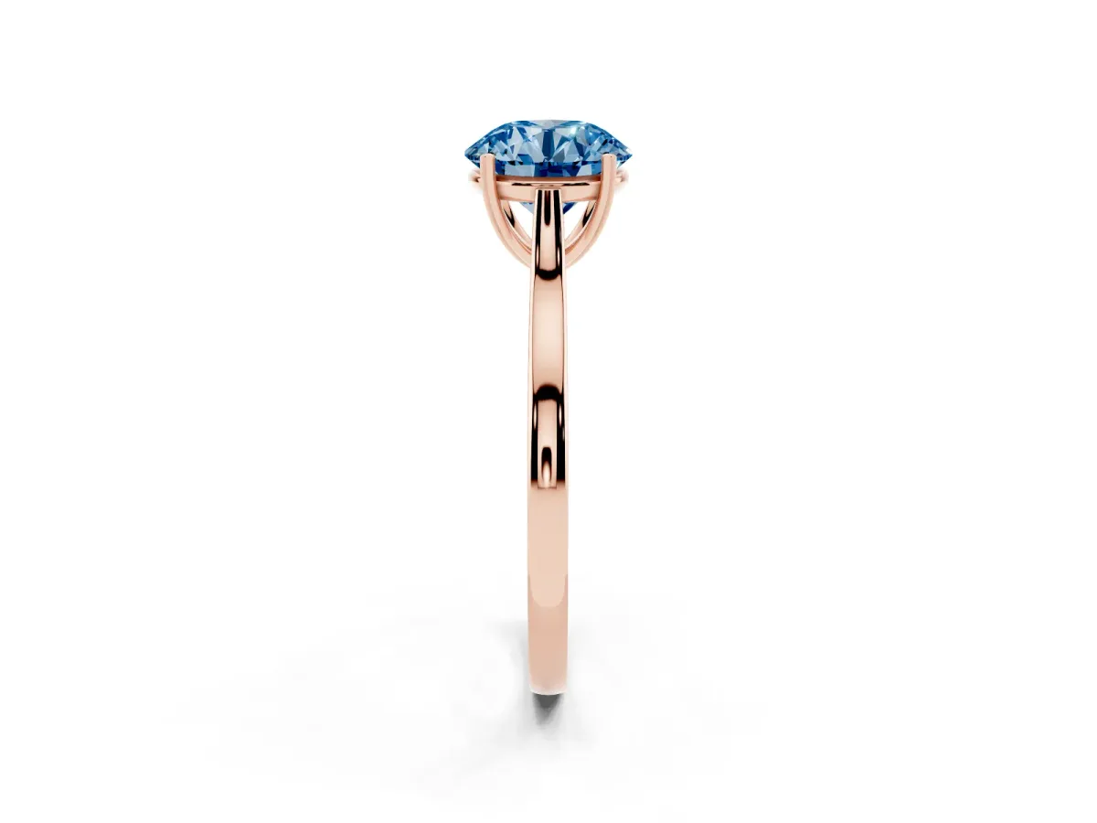Fancy Blue Round Cut Solitaire Heart Prong Engagement Ring with Tapered Band Rose gold