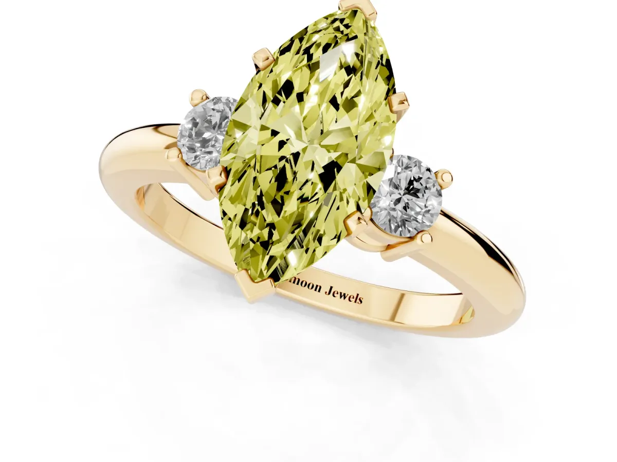 Fancy Yellow Three-Stone Marquise Cut Cut Diamond Solitaire with Prong Setting and Classic Band Yellow gold