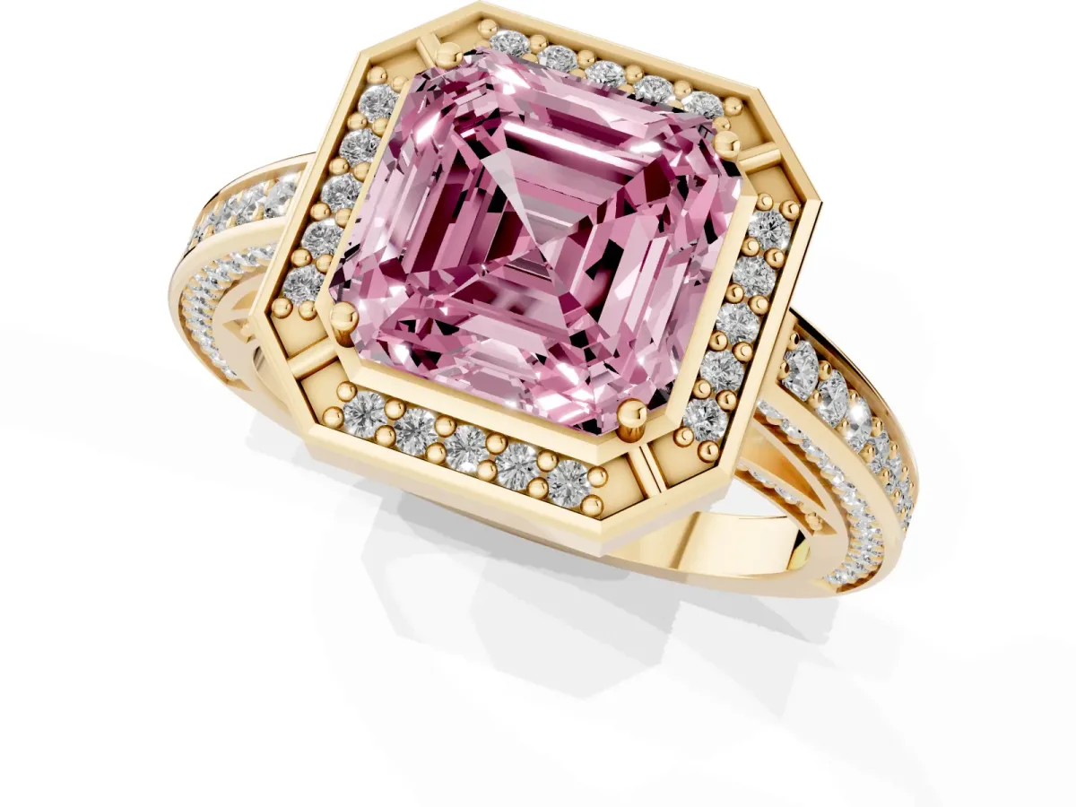 Fancy Pink Asscher Cut Cut Halo Pave Split Shank Prong Setting Ring Yellow gold