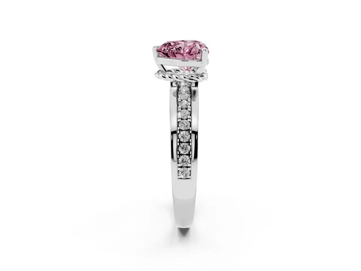 Fancy Pink Heart Cut Solitaire Diamond Ring with Channel Set Band and Six-Prong Setting Silver