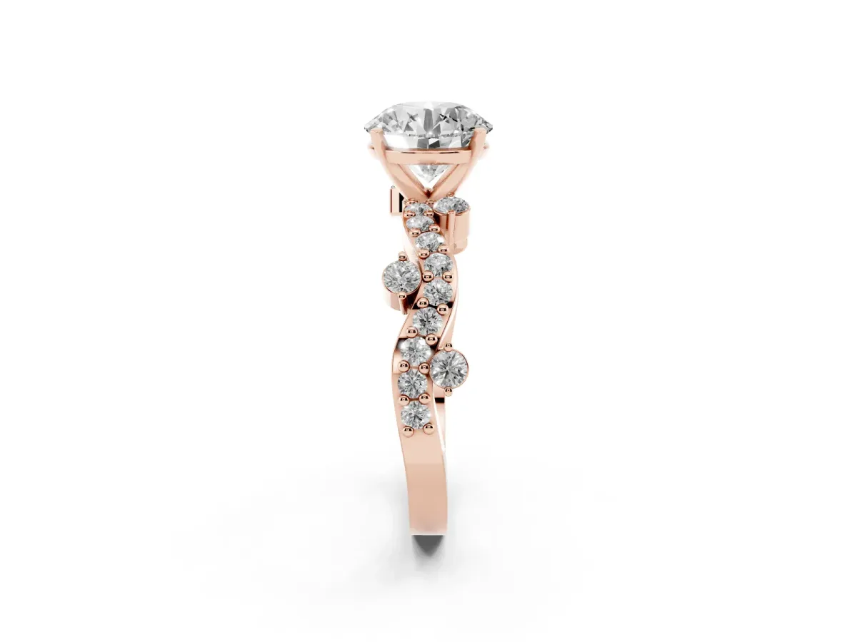 Round Cut Cut Solitaire Diamond Twisted Band with Pave Setting Rose gold