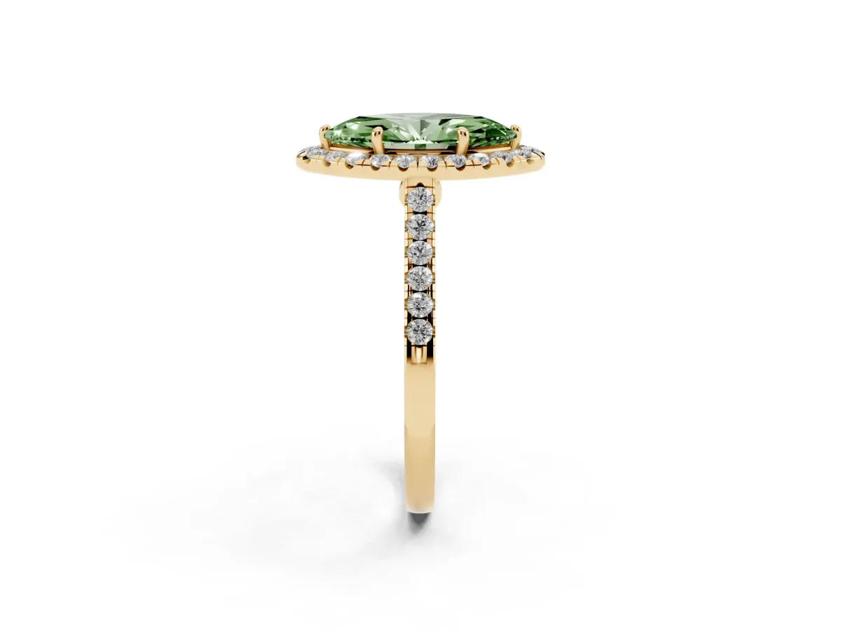 Fancy Green Marquise Cut Halo Pave Diamond Engagement Ring with Four-Prong Setting Yellow gold