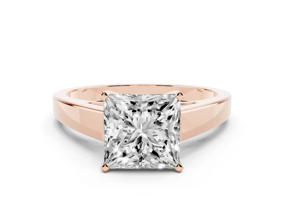 Princess Cut Solitaire Engagement Ring with Four-Prong Setting and Tapered Band Rose gold