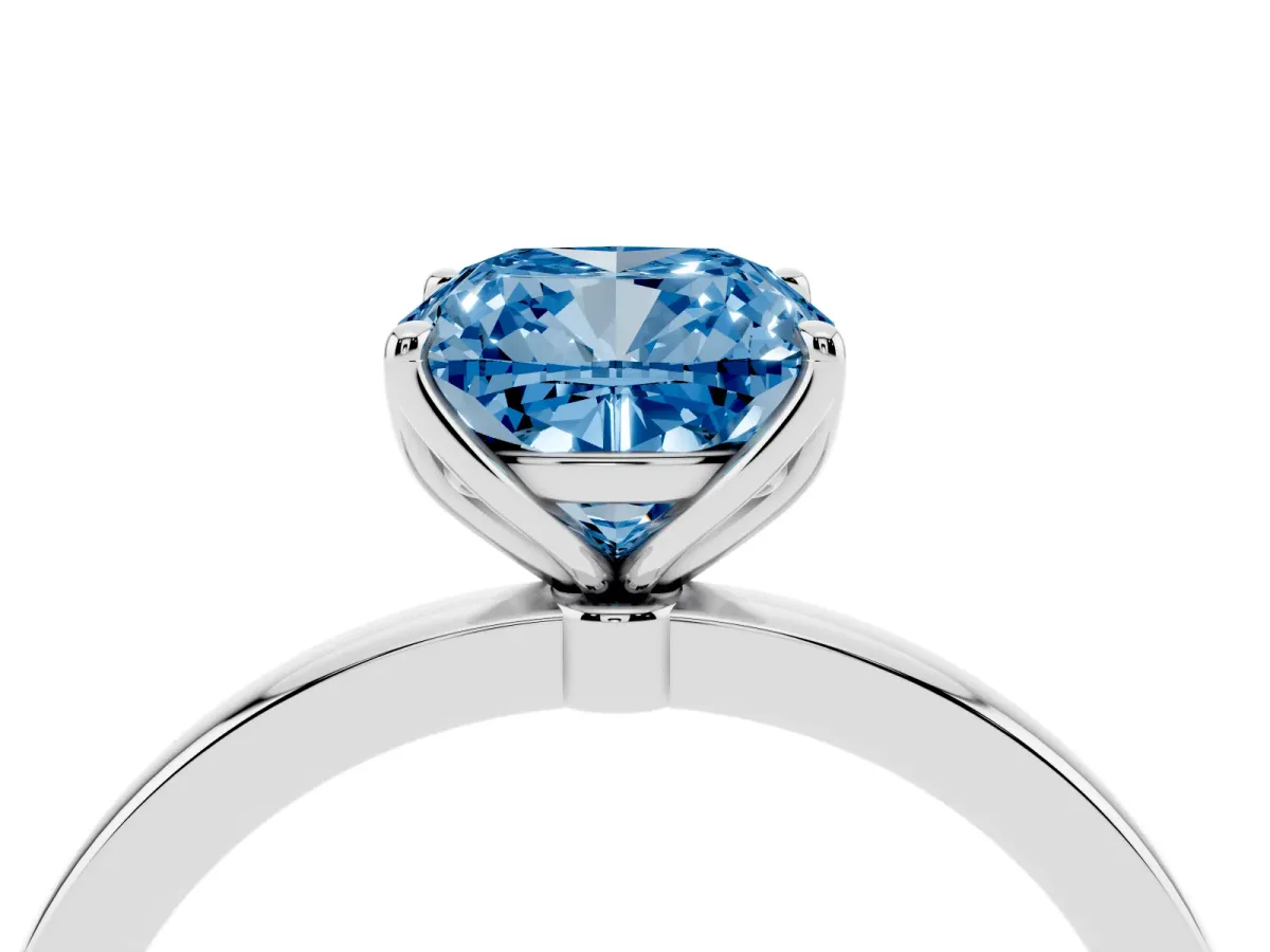 Fancy Blue Cushion Cut Diamond Solitaire Ring with Thin Band and Prong Setting Platinum