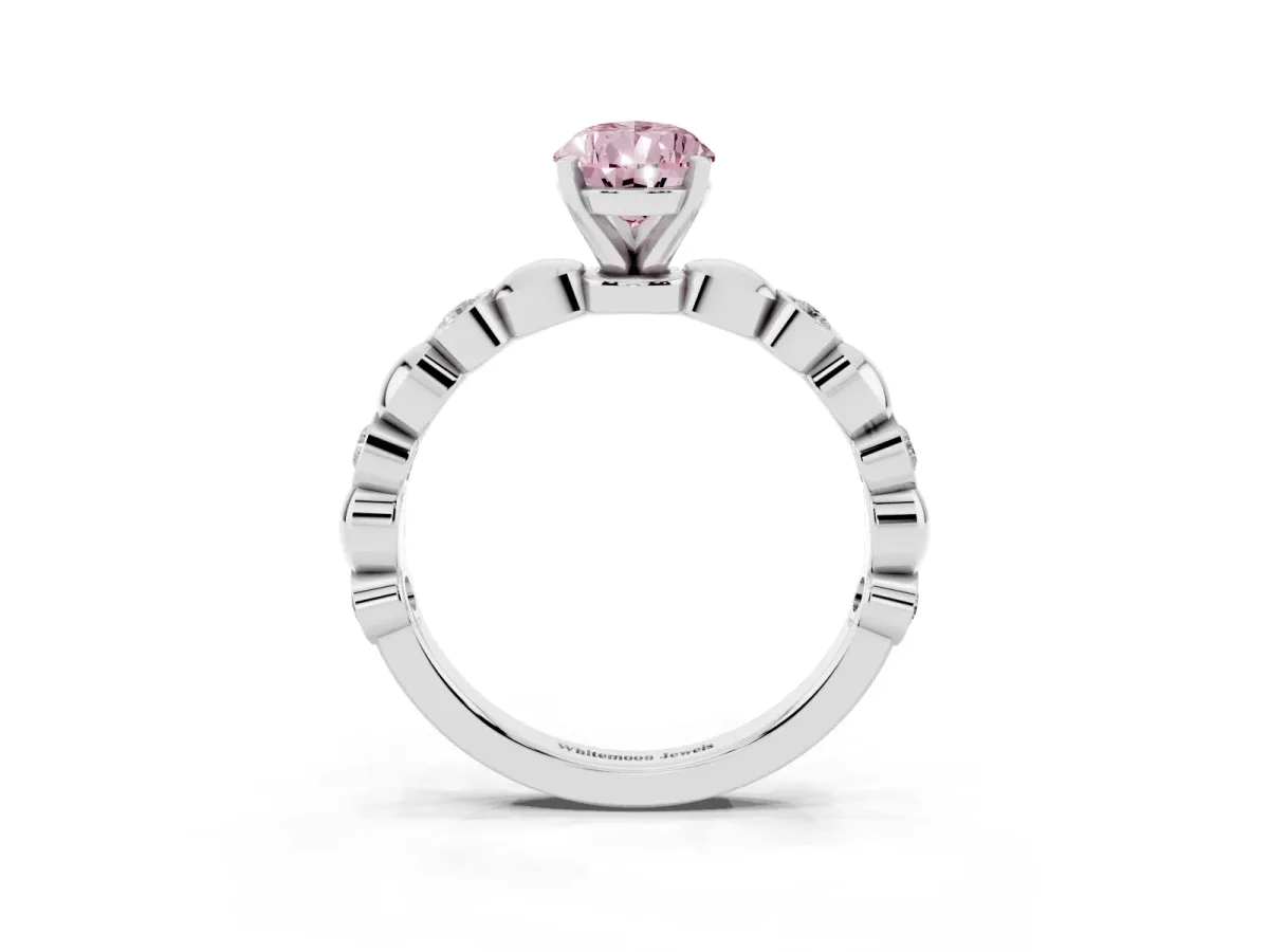 Fancy Pink Pear Cut Solitaire Bezel-Set Diamond Ring with Beaded Band and Four-Prong Setting Silver