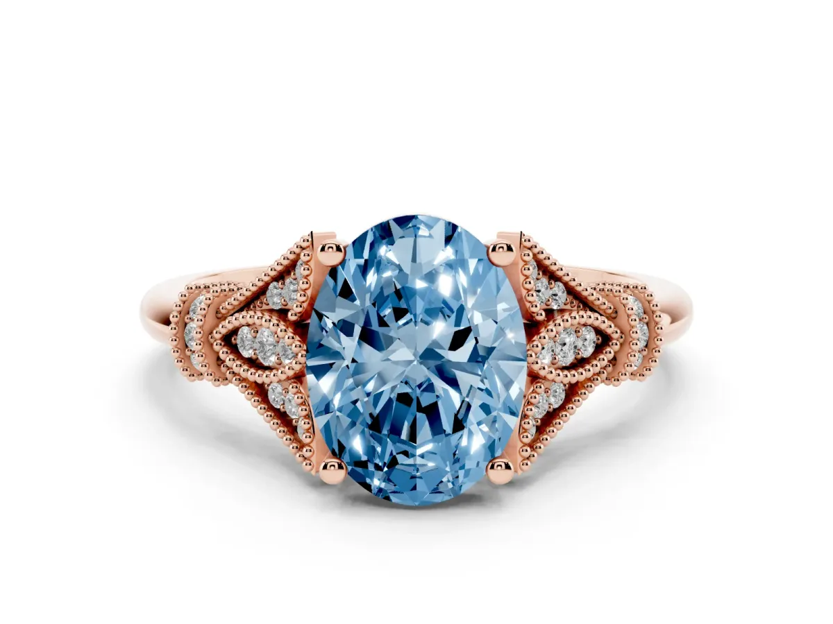 Fancy Blue Oval Cut Diamond Solitaire Ring with Floral Filigree and Pave Accents Rose gold