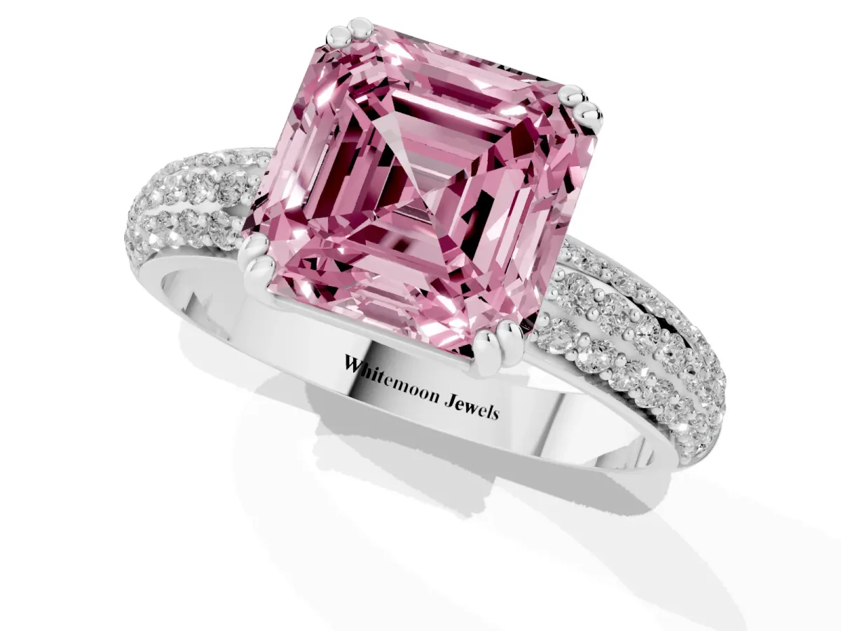 Fancy Pink Asscher Cut Diamond Solitaire Ring with Multi-Row Round Pavé Band and Prong Setting Silver