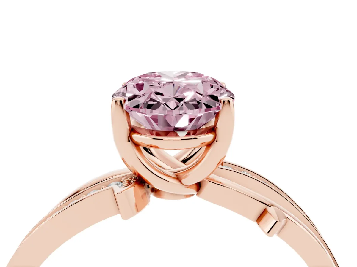 Fancy Pink Oval Cut Solitaire Twist Band with Pavé Accents and Four-Prong Setting Rose gold
