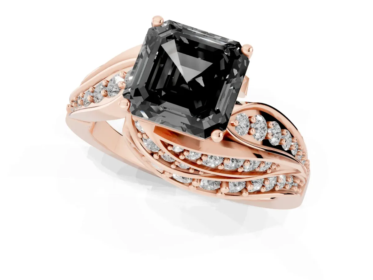 Fancy Black Asscher Cut Diamond Solitaire Ring with Prong Setting and Twisted Pavé Band Rose gold