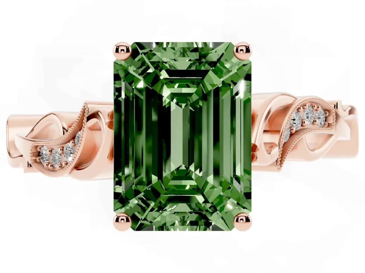 Fancy Green Emerald Cut Solitaire Vine Band with Milgrain Prong Setting Rose gold