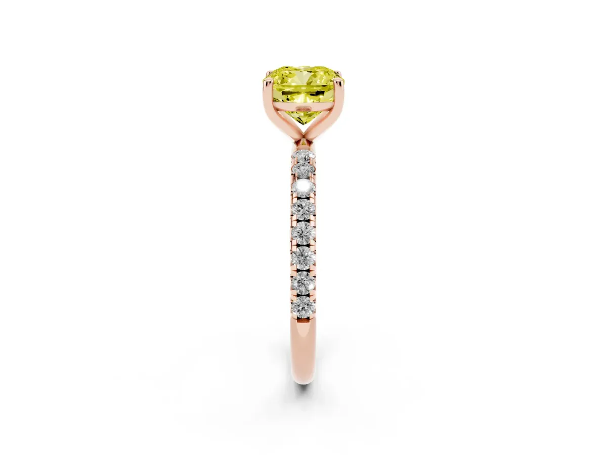Fancy Yellow Cushion Cut Cut Diamond Solitaire Ring with Micro Pave Band and Four Prong Setting Rose gold