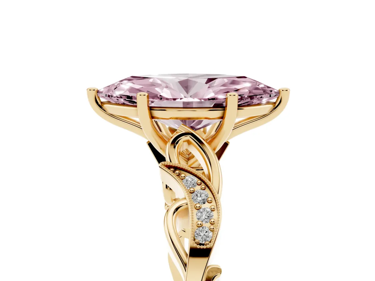 Fancy Pink Marquise Cut Solitaire Vine Band with Milgrain Prong Setting Yellow gold