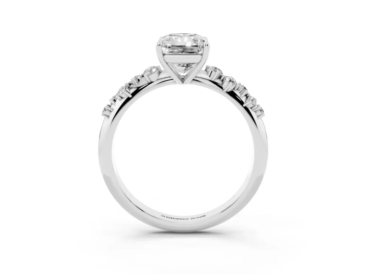 Radiant Cut Diamond Cluster Side Stone Solitaire Ring with Prong Setting Silver