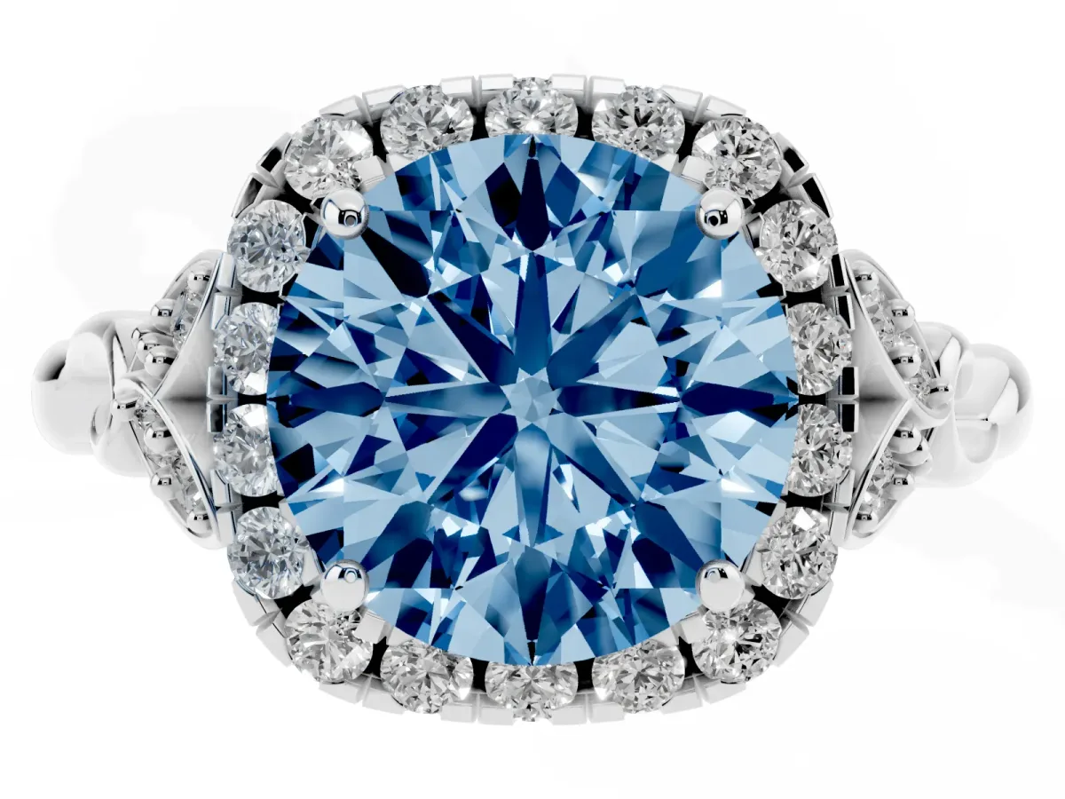 Fancy Blue Round Cut Halo Diamond Engagement Ring with Vintage-Inspired Band and Four-Prong Setting Silver