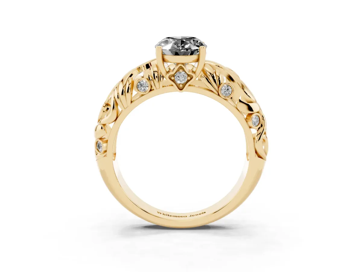Fancy Black Oval Cut Solitaire Diamond Leaf-Inspired Vine Band Ring with Prong Setting Yellow gold