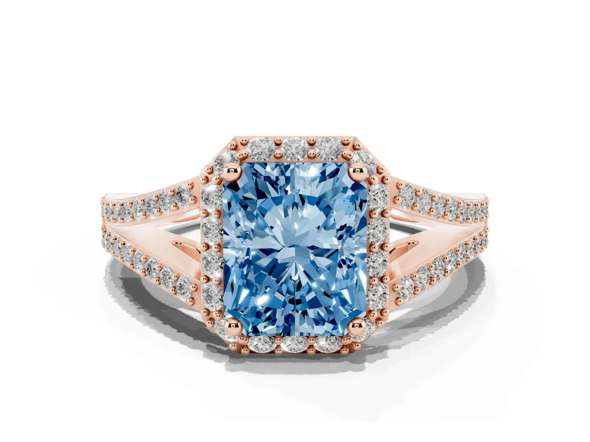 Fancy Blue Radiant Cut Halo Split Shank Diamond Ring with Prong Setting Rose gold