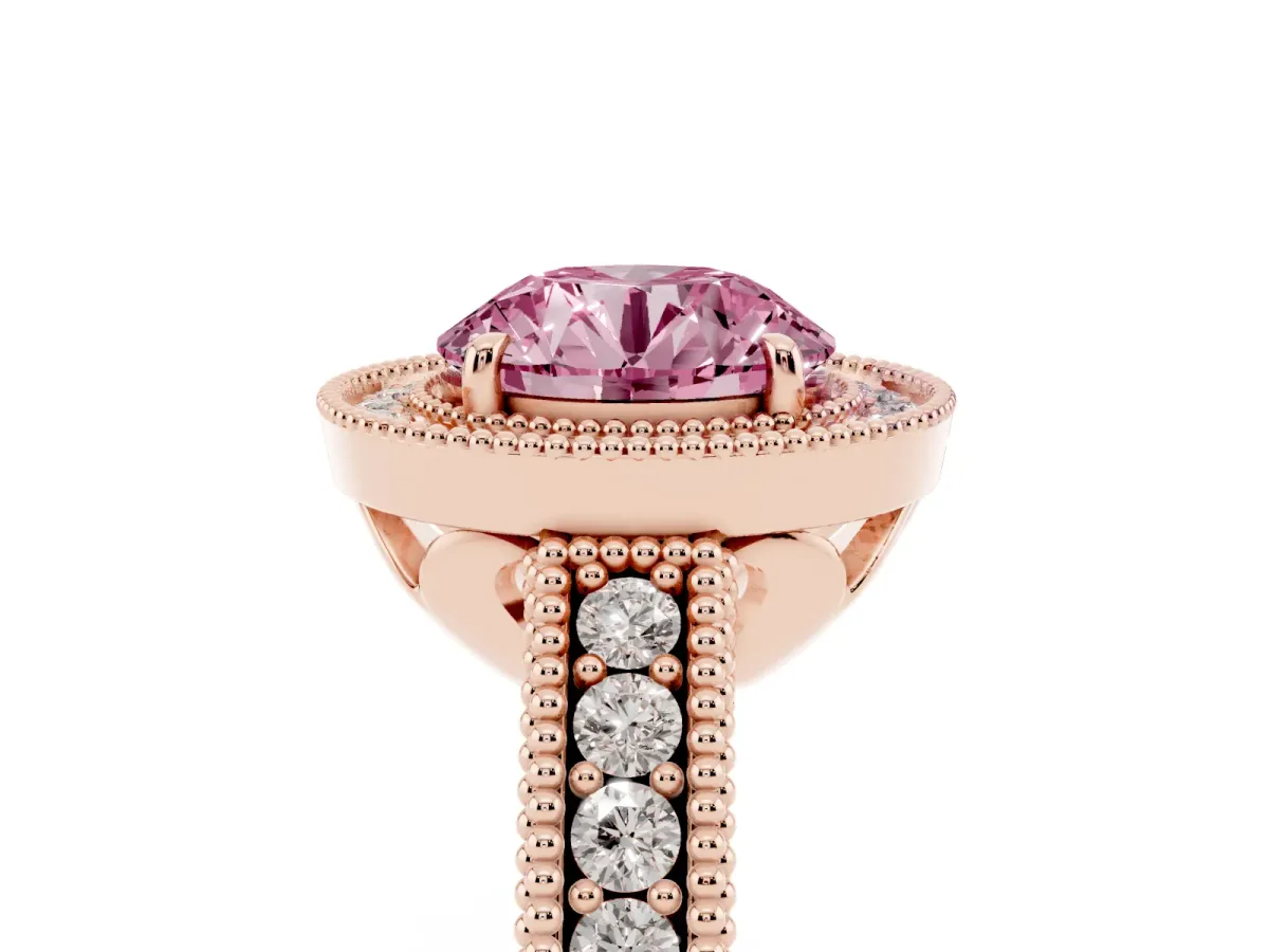 Fancy Pink Round Cut Cut Halo Diamond Ring with Pavé Band and Four-Prong Setting Rose gold