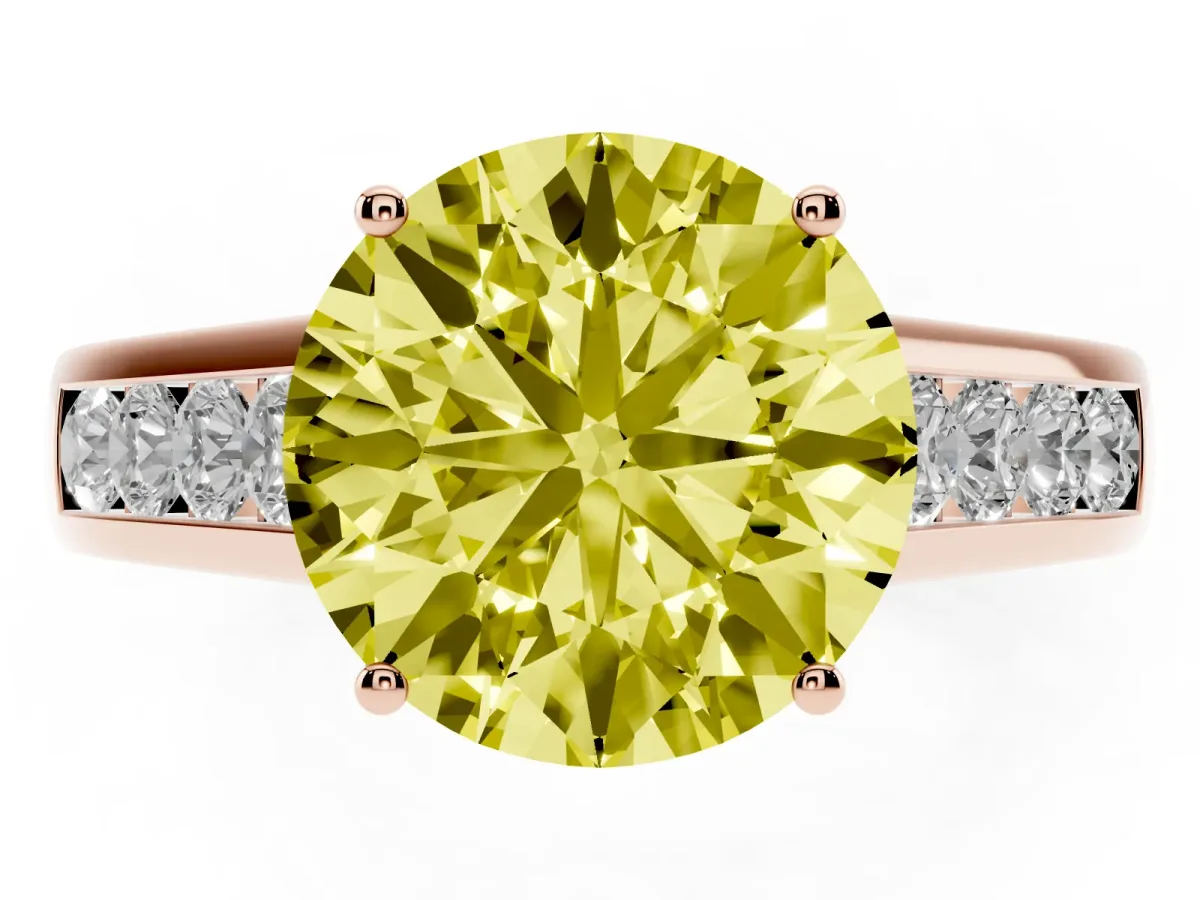 Fancy Yellow Round Cut Solitaire Channel-Set Diamond Engagement Ring with Four-Prong Setting Rose gold