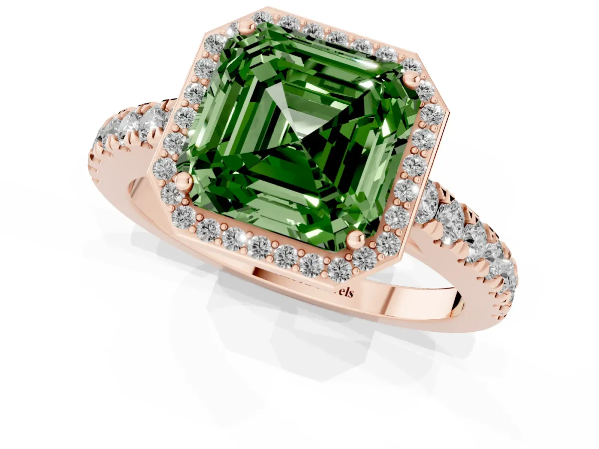 Fancy Green Asscher Cut Cut Halo Diamond Engagement Ring with Pave Band and Four-Prong Setting Rose gold