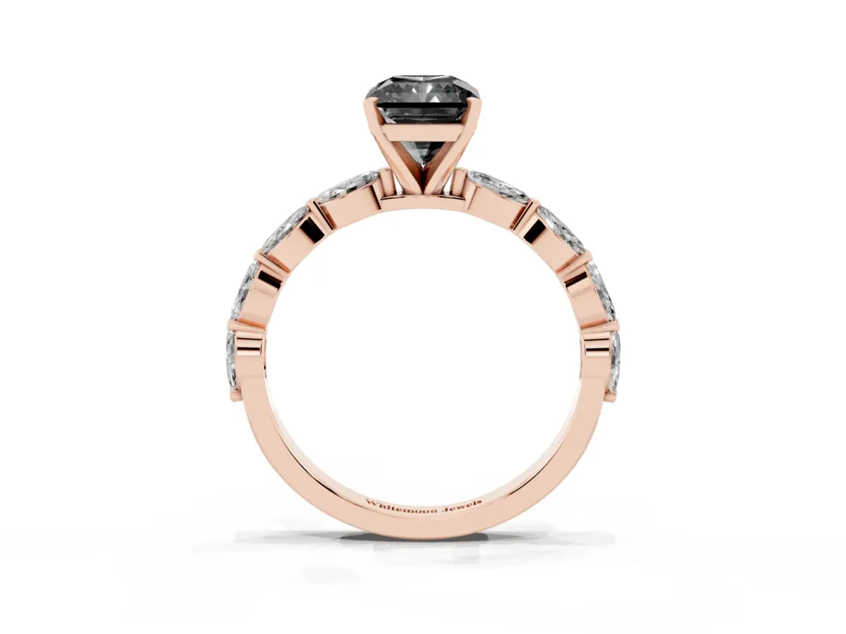 Fancy Black Radiant Cut Diamond Ring with Marquise Side Stones and Prong Setting Rose gold