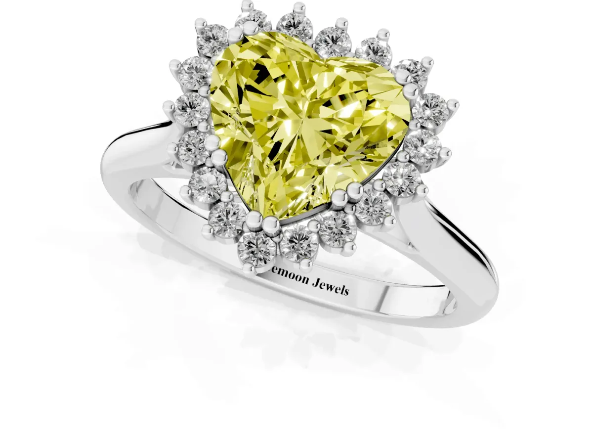 Fancy Yellow Heart Cut Cut Diamond Halo Ring with Solitaire Band and Prong Setting White gold