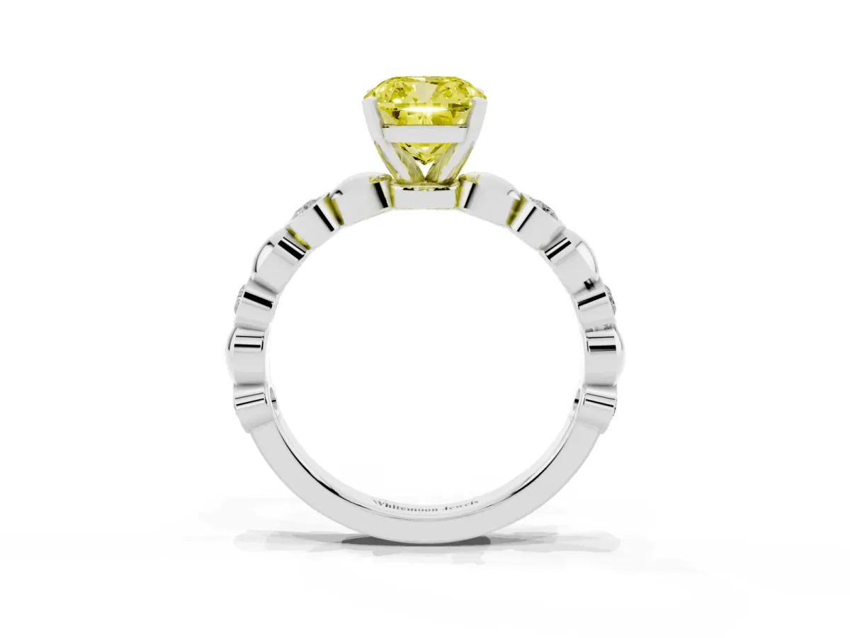 Fancy Yellow Cushion Cut Solitaire Bezel-Set Diamond Ring with Beaded Band and Four-Prong Setting Silver