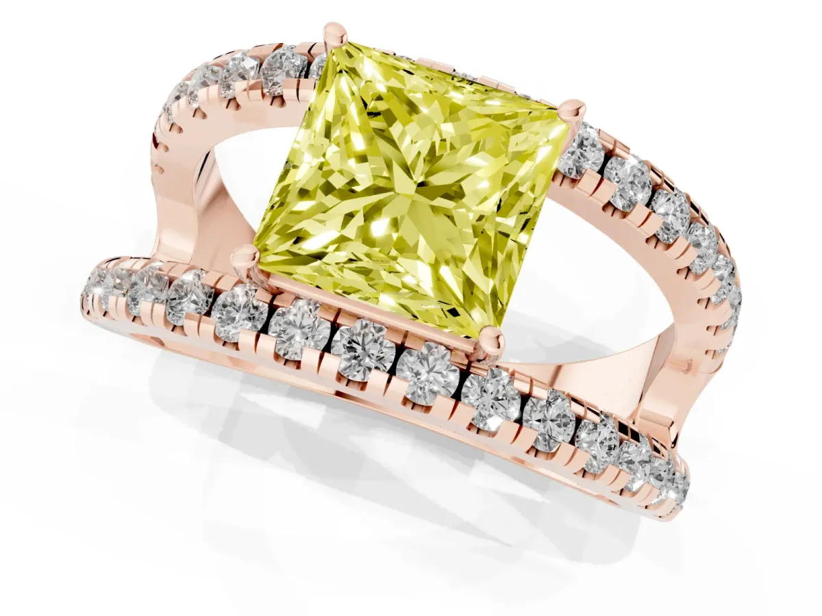 Fancy Yellow Princess Cut Solitaire Split Shank Pave Diamond Ring Rose gold