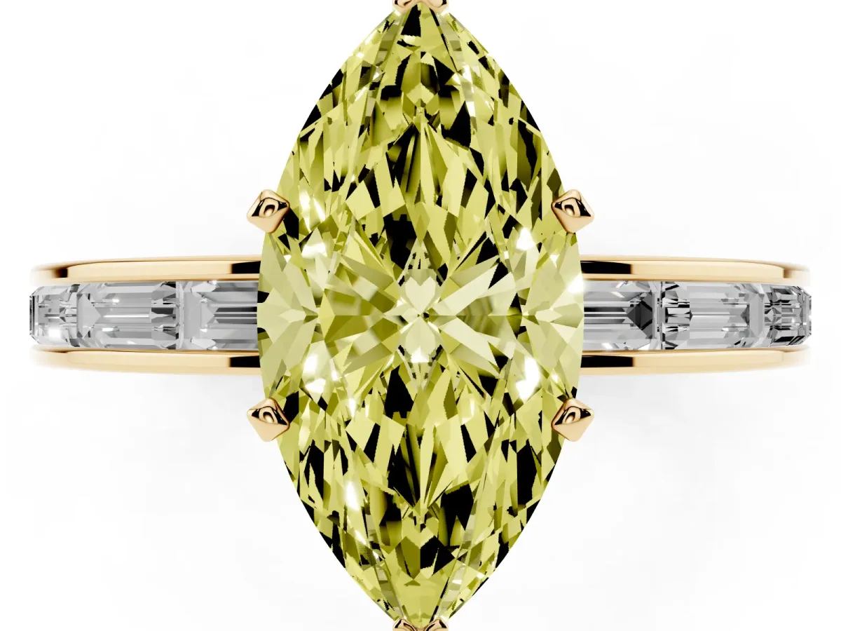 Fancy Yellow Marquise Cut Solitaire Diamond Ring with Channel-Set Baguette Band and Four-Prong Setting Yellow gold