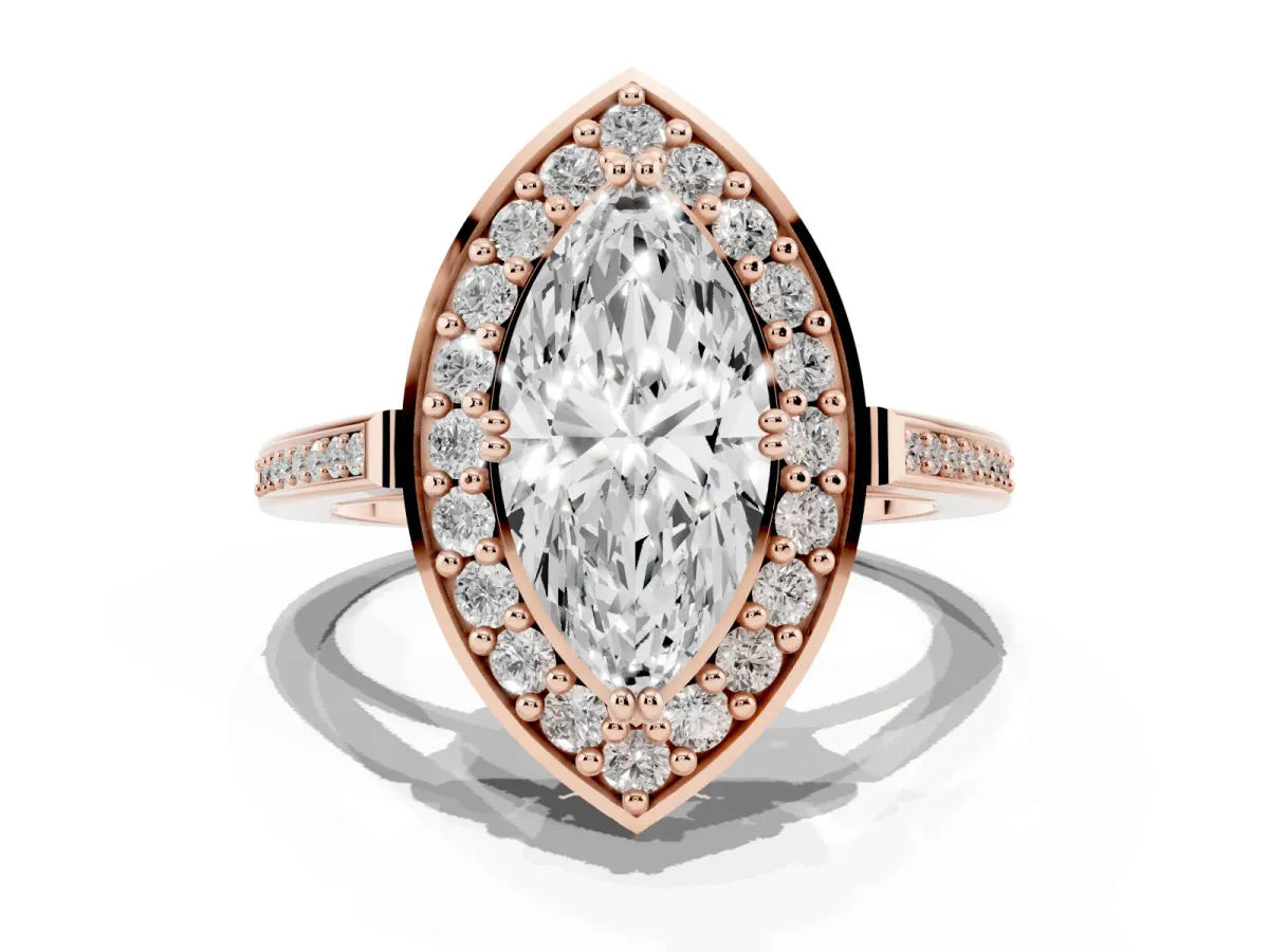 Marquise Cut Diamond Halo Ring with Split Shank and Four-Prong Setting Rose gold