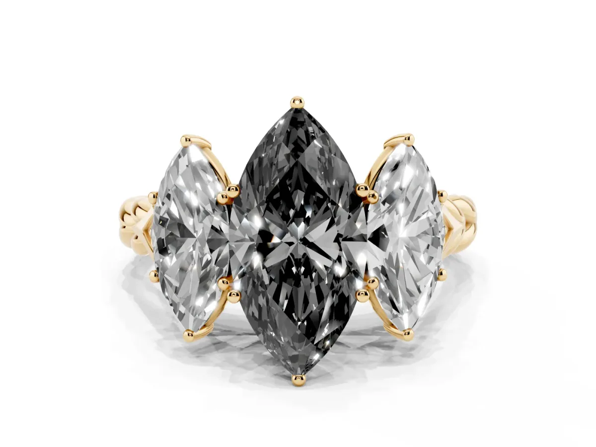 Fancy Black Three-Stone Marquise Cut Diamond Braided Band Ring with Four-Prong Setting Yellow gold