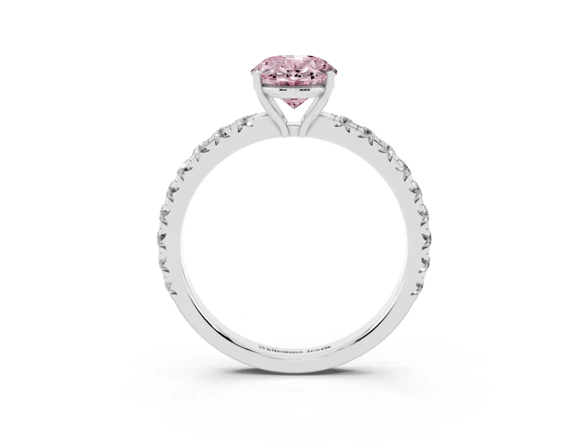 Fancy Pink Oval Cut Diamond Pavé Solitaire Engagement Ring with Four-Prong Setting Platinum
