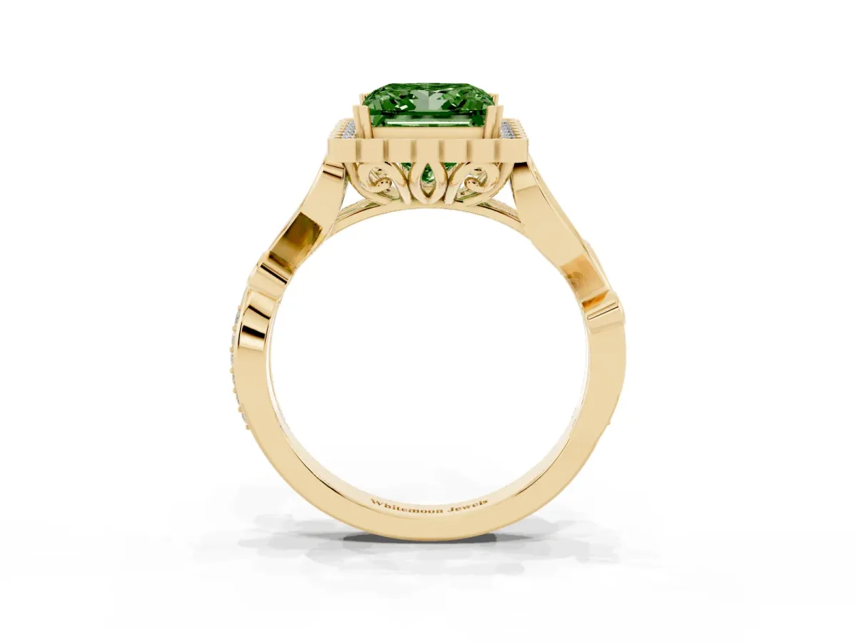 Fancy Green Princess Cut Diamond Halo Ring with Vintage Split Shank and Four-Prong Setting Yellow gold