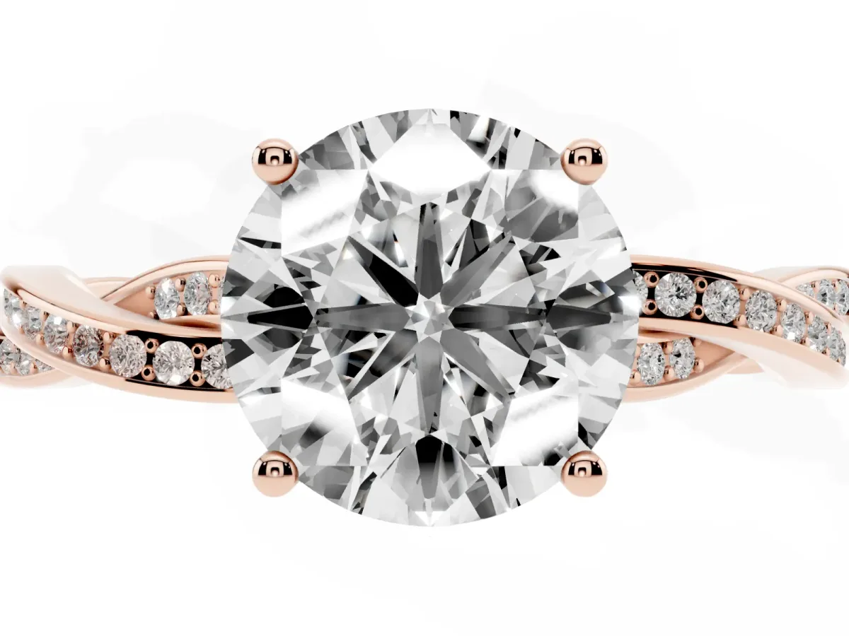 Round Cut Solitaire Twisted Pave Diamond Ring with Four-Prong Setting Rose gold