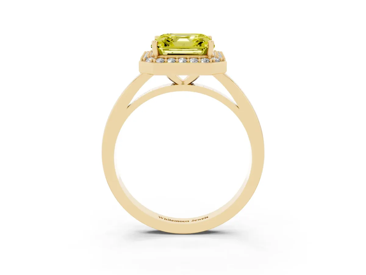 Fancy Yellow Asscher Cut Halo Diamond Ring with Solitaire Band and Prong Setting Yellow gold